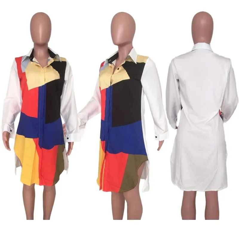 Patchwork contraste couleur chemise à manches longues robe femme 2021 col rabattu bouton chemise asymétrique robe décontractée robe d'automne X0521