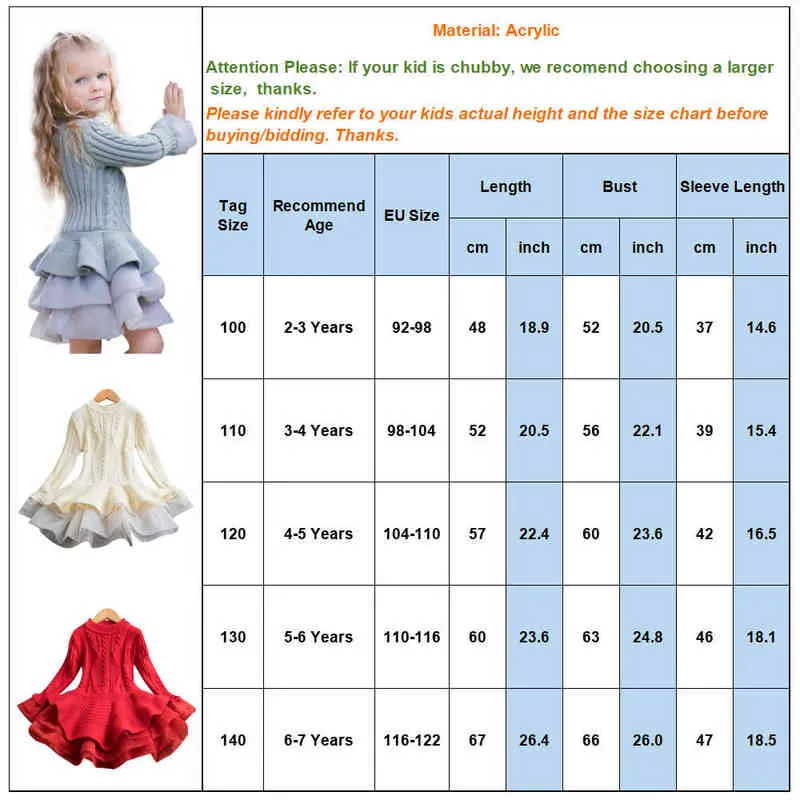 Försäljning vinter stickad chiffong tjej tröja klänning fest långärmad barn kläder klänningar för flickor år kläder d30 211231