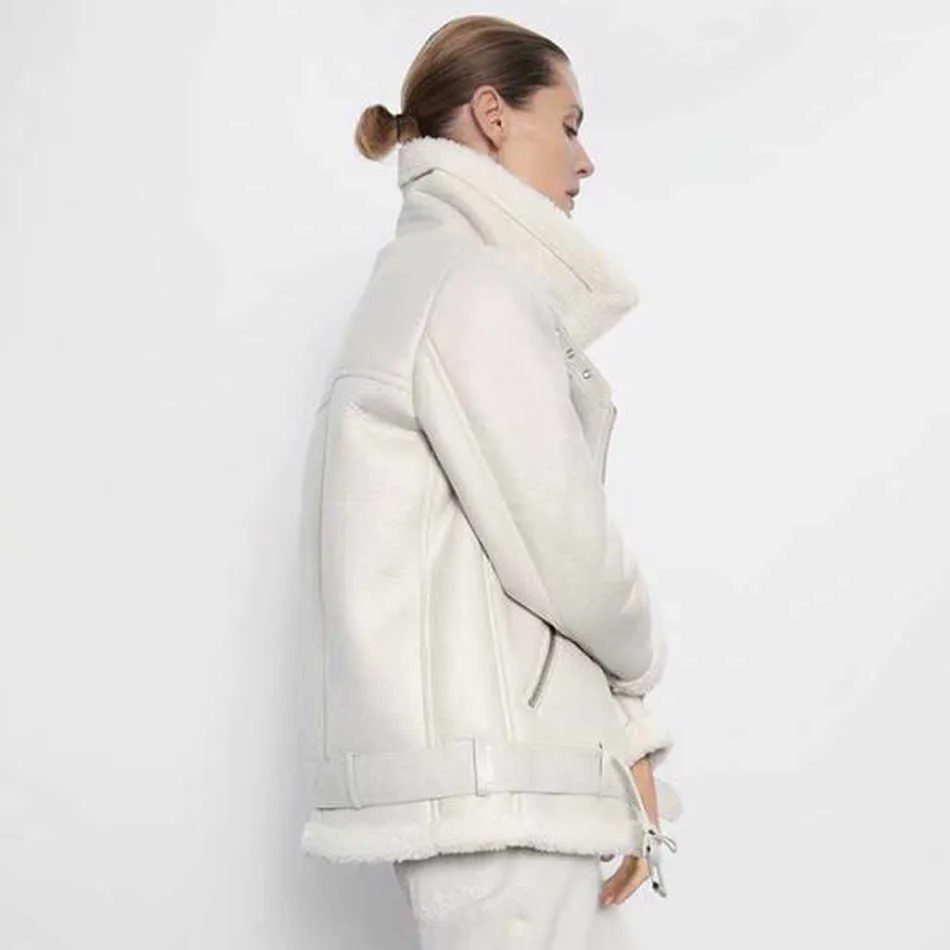 Tjock och varm faux läderjacka Kvinnors beige långärmad bälte kvinnor vinter mode streetwear toppar 210922