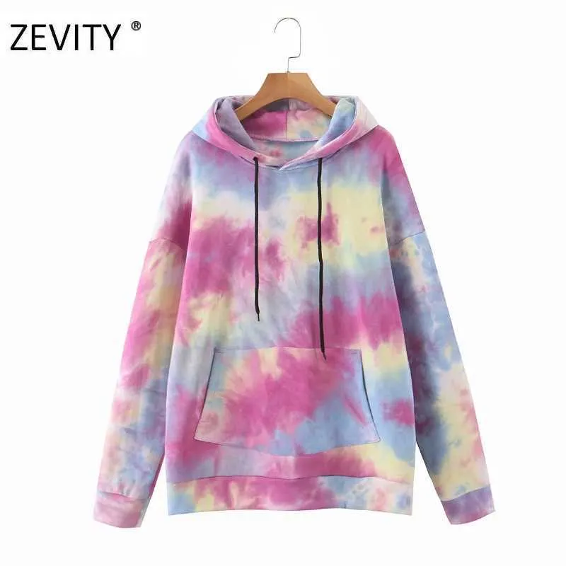 Zevity Women Vintage Krawat Barwiony Drukuj Dorywczo Luźne Kapturem Sweatershirts Panie Z Długim Rękawem Kieszenie Bluzy Chic Pullover Topy H352 210603