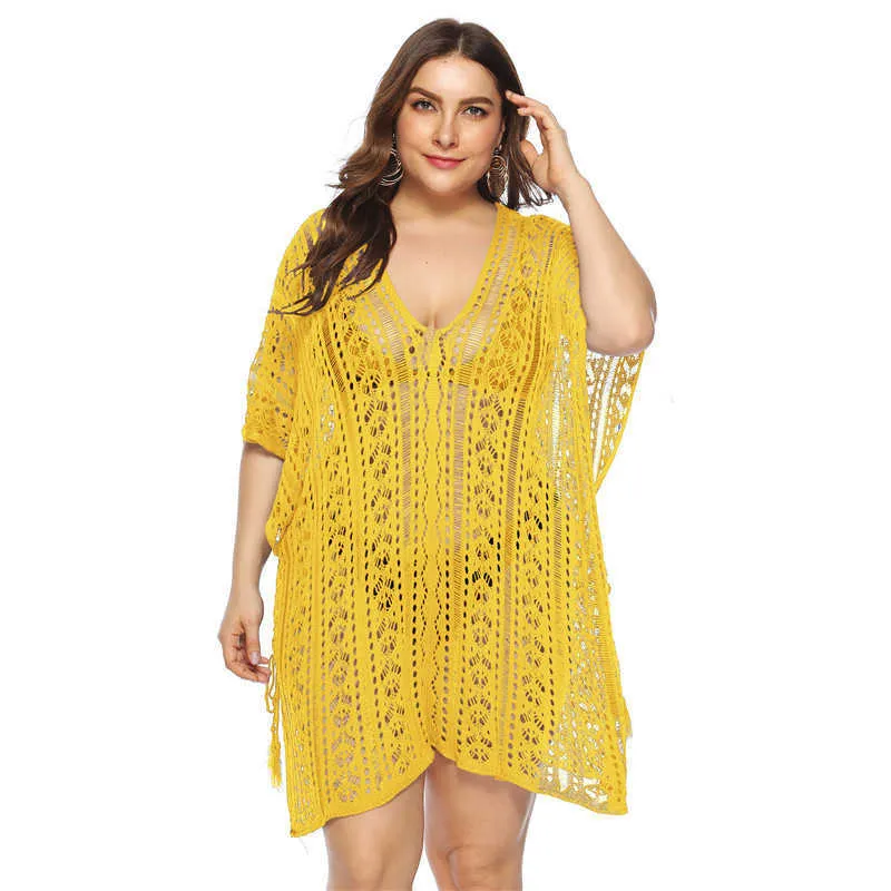 Plus Size Knitted Crochet Beach Dresses and Tunics Yellow Hollow Out Swim Suit Cover Up V-neck Irregular Beachwear Red 210629
