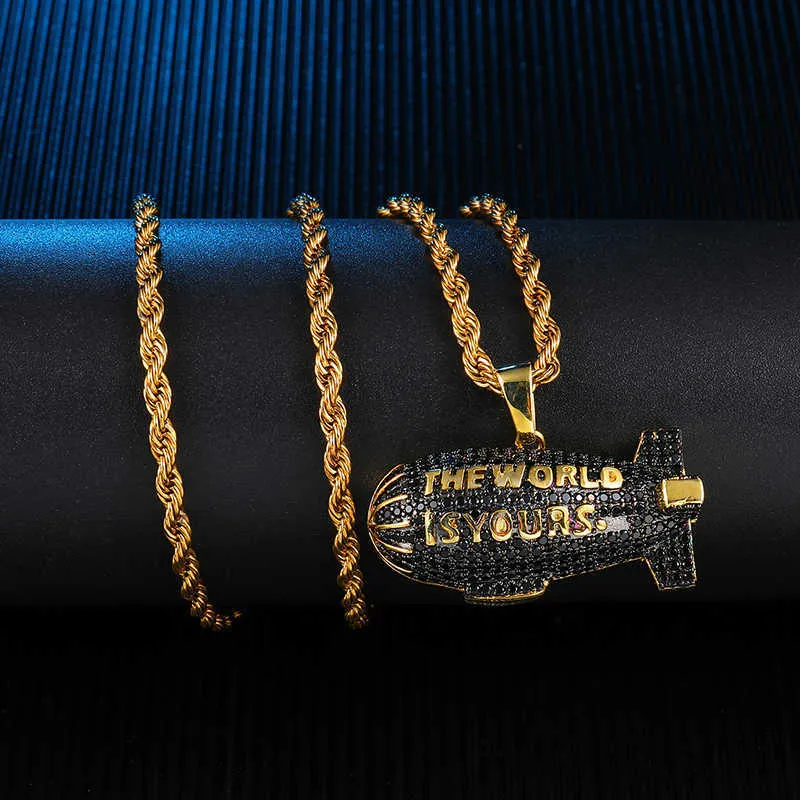 Hip Hop EL MUNDO ES TUYO Dirigible Collares de circón cúbico de color dorado Colgantes para hombres Joyería con cadena de tenis 254W