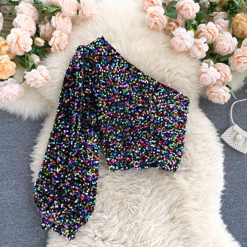 Fall Product Oblique Collar T-shirt Strapless Unilateral Puff Sleeve Slim Fit Short Sequined Top HK102 womens clothing 210506