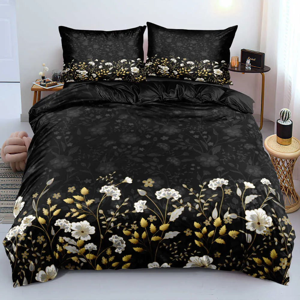 3D Design Flowers Duvet Cover Sets Bed Linens Bedding Set Quilt/Comforter Covers Pillowcases 220x240 Size Black Home Texitle 211007