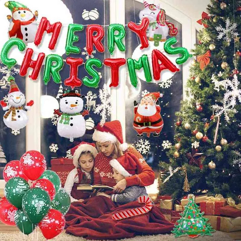 37 adet Merry Christmas Balonlar Set Whit Kamışı Kardan Adam Noel Baba Noel Ağacı Folyo Balon Noel Süslemeleri Malzemeleri 211216