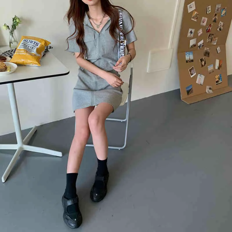Summer Women's Dress Korean Style Short-sleeved Zipper Female Slim Slimming Hooded Sexy Skirt GX245 210507