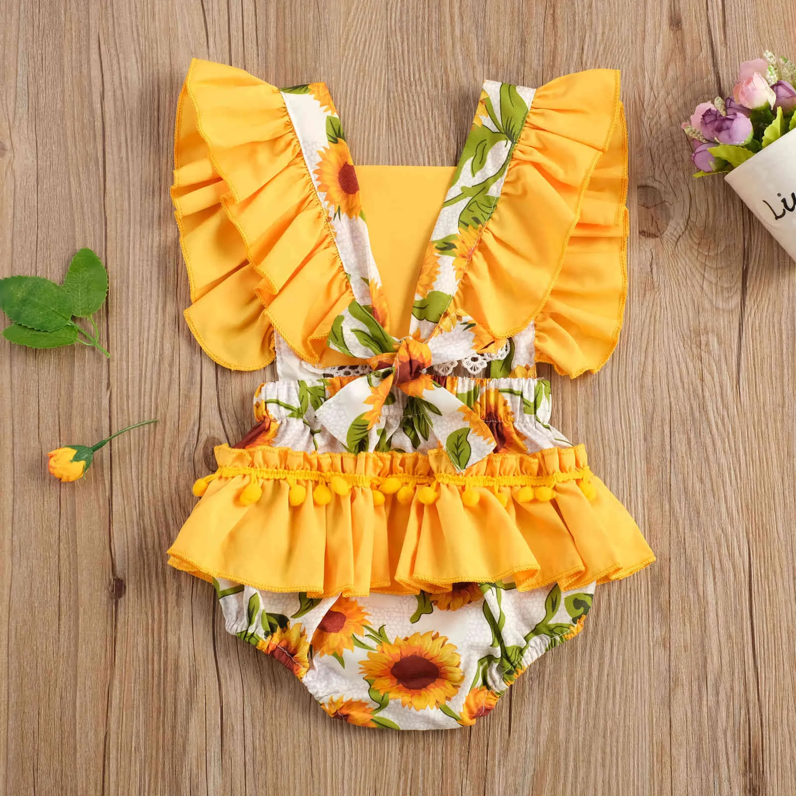 0-24 M Estate Neonate nate Neonate Fiore Pagliaccetti Pizzo Ruffles Tuta senza maniche Abbigliamento floreale Tuta 210515