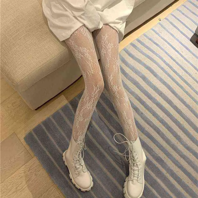 Lace Tights Hot Sexy Womens Rose Print Tights Design Black White Hollow Hosiery Fishnet Fashion Lolita Goth Stockings Pantyhose Y1130