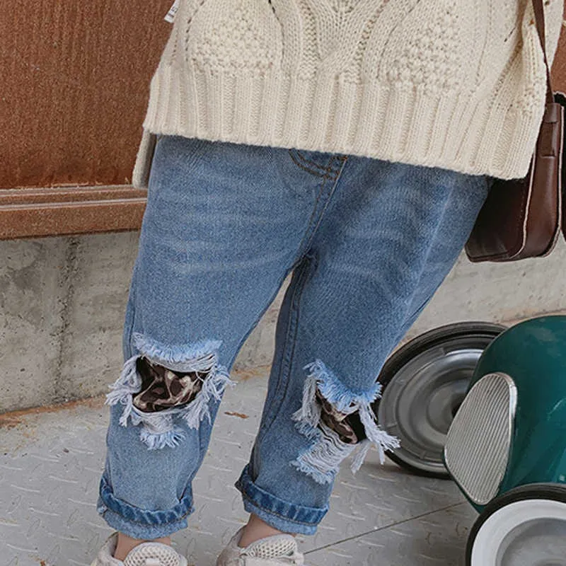 Детские брюки осень осень корейская версия девушка японский стиль трехмерный разрез повседневная прямая нога джинсы 210625