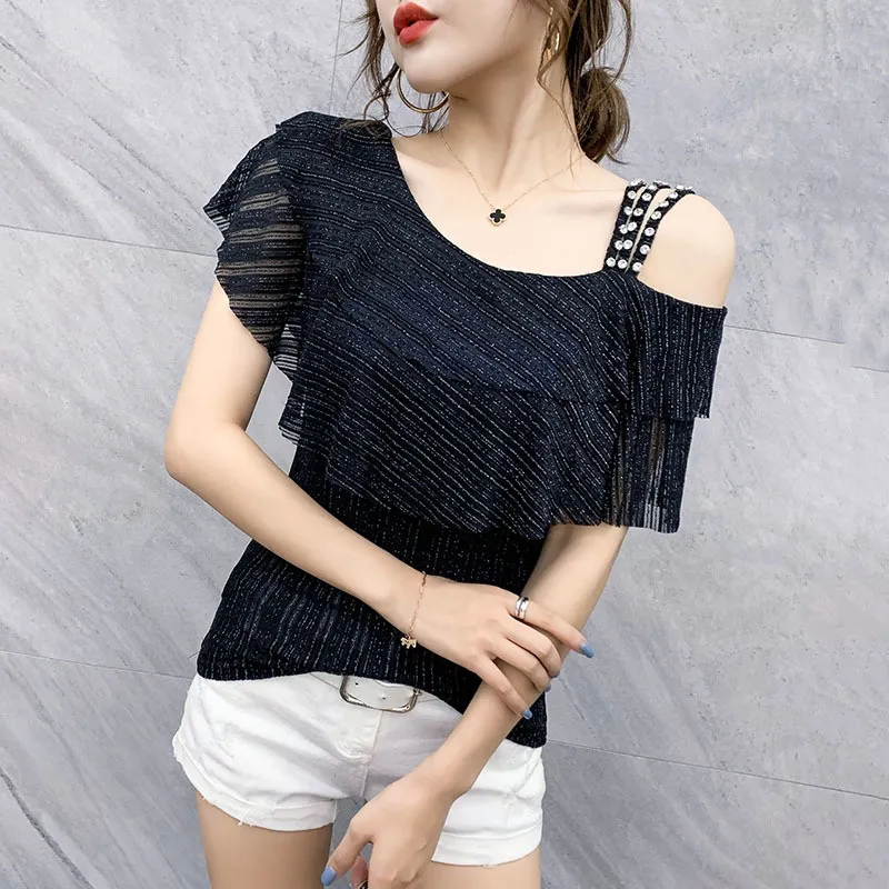 Femmes Summer Slash Cou T-shirt Mode Solide Volants Diamants à manches courtes Sans bretelles Coréen Sexy Femme Tops PL010 210506