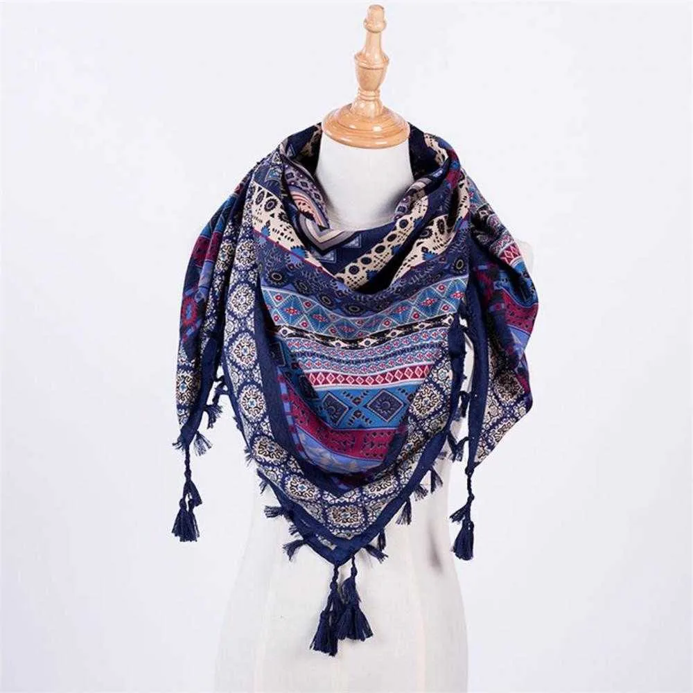 Boho écharpe femmes hiver coton mélanges cou enveloppement long chaud imprimé ethnique Triangle gland multi-usages châle