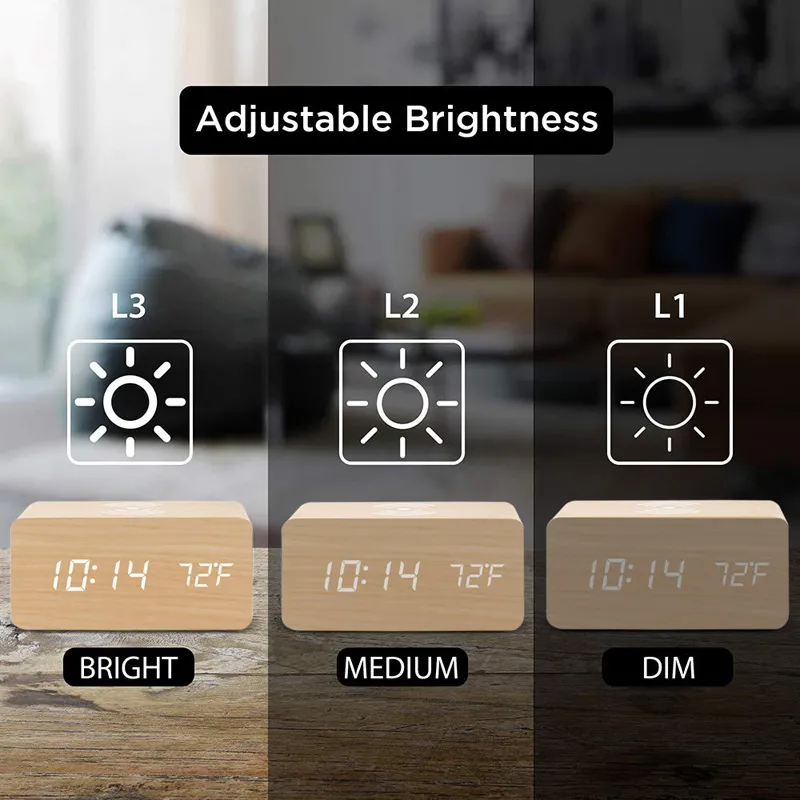 Digitale wekker met Qi draadloos oplaadkussen houten LED Night Clocks Control Function 3 Instellingen 4 kleuren5642468