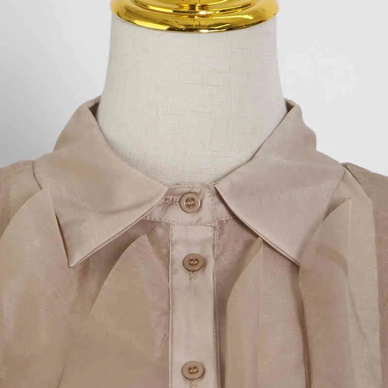 Chemise Patchwork élégante pour femmes col à revers manches longues volants Blouses à boutonnage simple femme Style d'été 210524