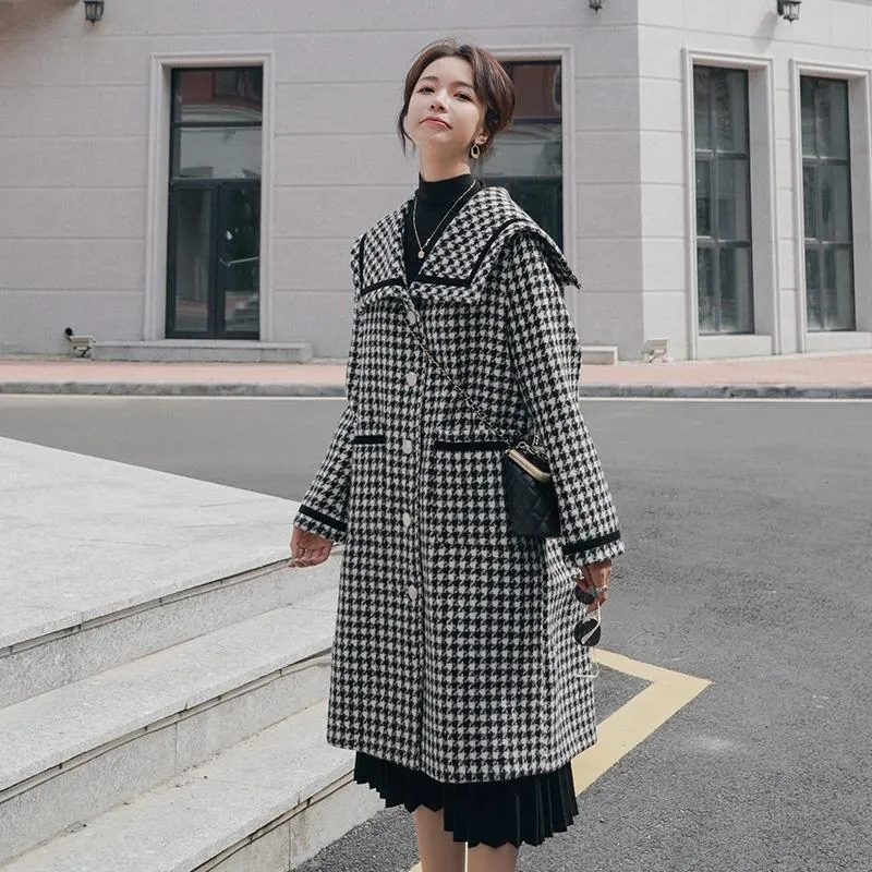 Elegant Lattice Houndstooth Woolen Coat Women's Mid-Length Autumn Winter Korean Casual Outwears 210510