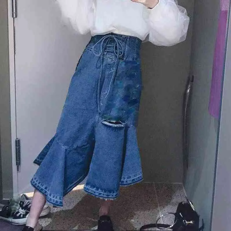 Mode Hohe Taille Frau Trompete Denim Rock Bandage Meerjungfrau Feminino Jupe Frühling Chic Unregelmäßige Falda Mujer 210514