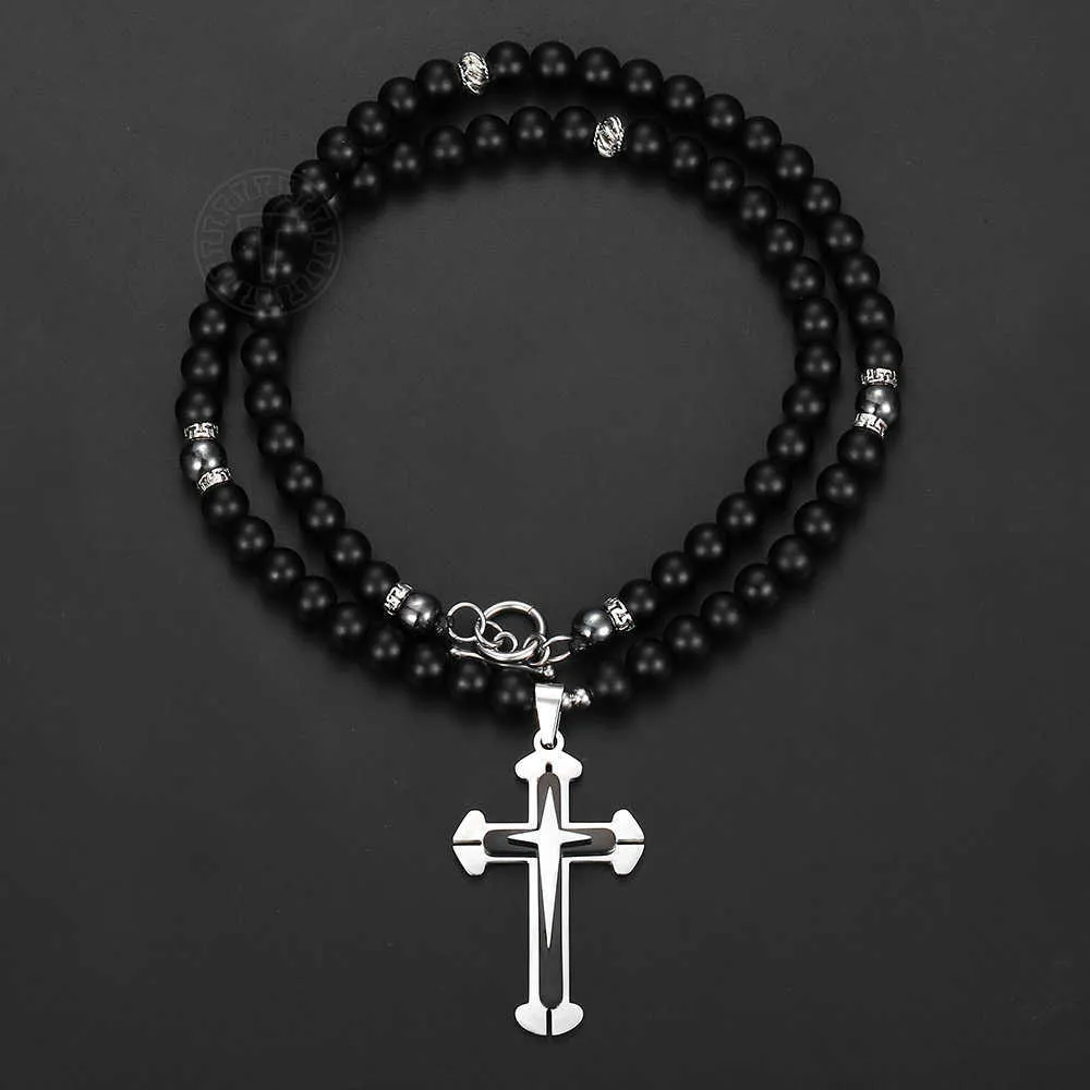 Trendsmax perles de verre mat longue chaîne collier pour hommes croix noire Crucifix pendentif bijoux religieux DN122 210721