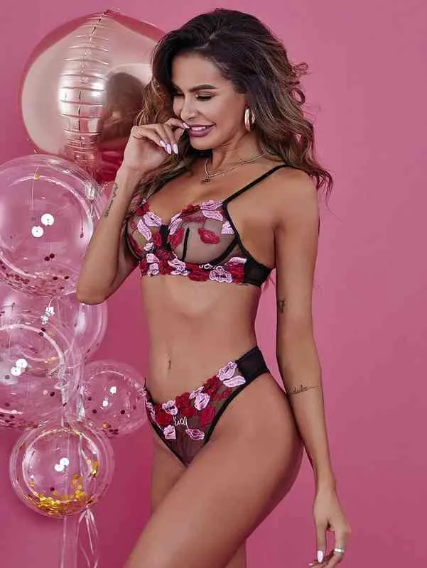 Lip Print Embroidery Underwear For Women Red Bra Set Female Lace Mesh Bagged Suit 211203