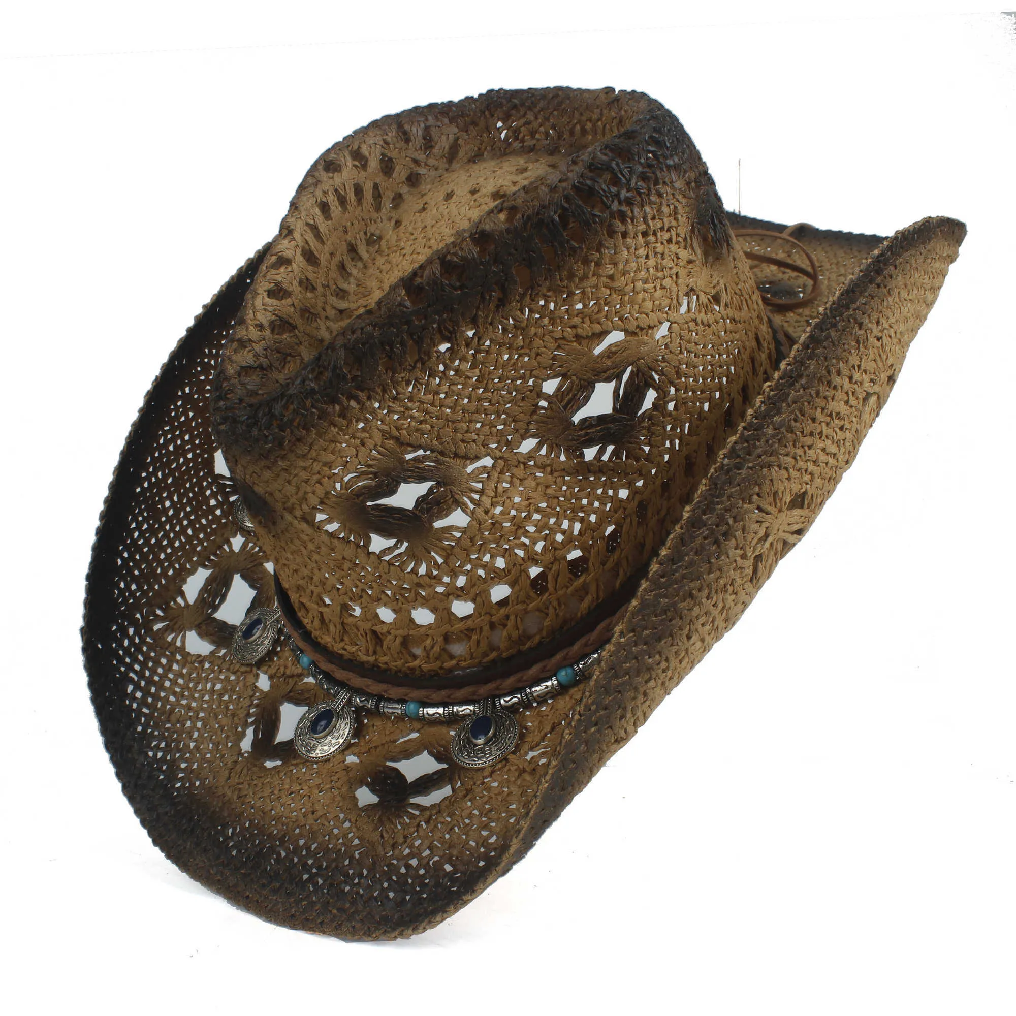 Rétro femmes paille creux Western Cowboy chapeau dame retrousser bord bohême gland Sombrero Hombre plage Cowgirl Jazz soleil chapeau Q08052679443