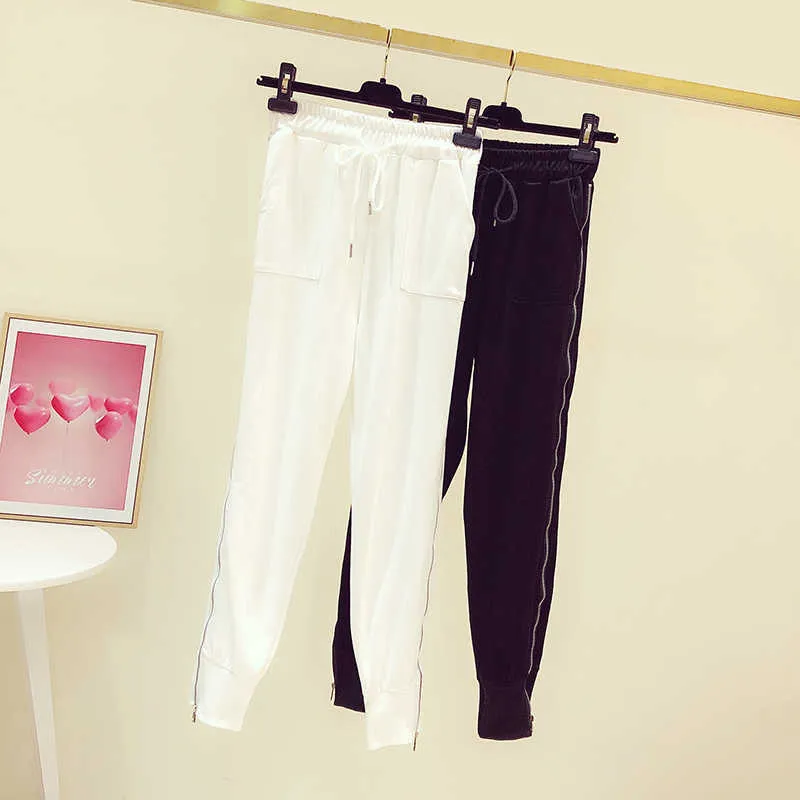 2021 Spring Autumn Sports Pants New Side Zipper Elastic-Waist Slim-Fit Pants Female Slimming Fashion Casual Cotton Long Pants Q0802