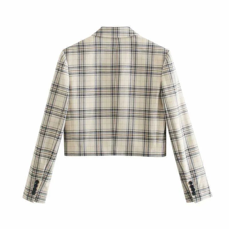 Za Casual Plaid Cropped Blazer Kobiety Z Długim Rękawem Pojedynczy przycisk Vintage Coat Blazers Kobieta Moda Wiosna Topy 210602