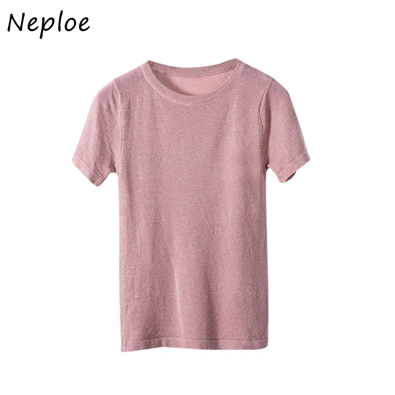 Neploe oネック半袖プルオーバーTシャツ女性スリムフィットキャンディーカラー良い品質ティーフェムム夏すべてマッチトップ210510