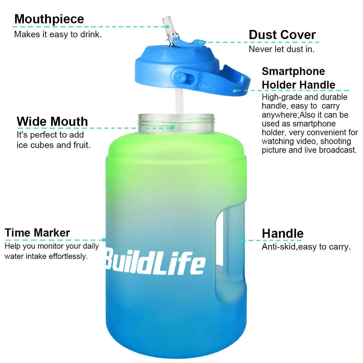 Botella de agua BuildLife de un galón con pajita, marcador de tiempo motivacional, BPA, boca ancha, soporte móvil a prueba de fugas, asa, jarra de viaje 21267T