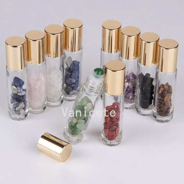10ml Bouteilles d'emballage Pierres semi-précieuses naturelles Huile essentielle Gemstone Roller Ball Bouteille Verre clair Healing Crystal Chips T2I52493
