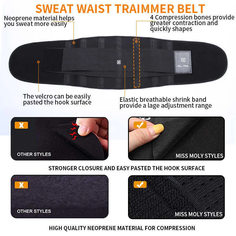 Fröken Moly Sweat Belt Modellering Strap Waist Cincher För Kvinnor Män Midja Trainer Belly Slimming Belt Sheath Shaperwear Tummy Corset x0713