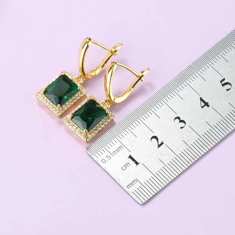 Gul guldfärg Lyxiga kvinnor Gröna Smycken Set med Cubic Zirconia Halsband Set Armband och Ring Bröllopsdräkt H1022