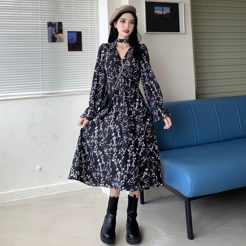 Floral Dress Women Office Lady Casual Party Elegant Dress Female Casual Long Sleeve V-neck Dress Korean Autumn 210521