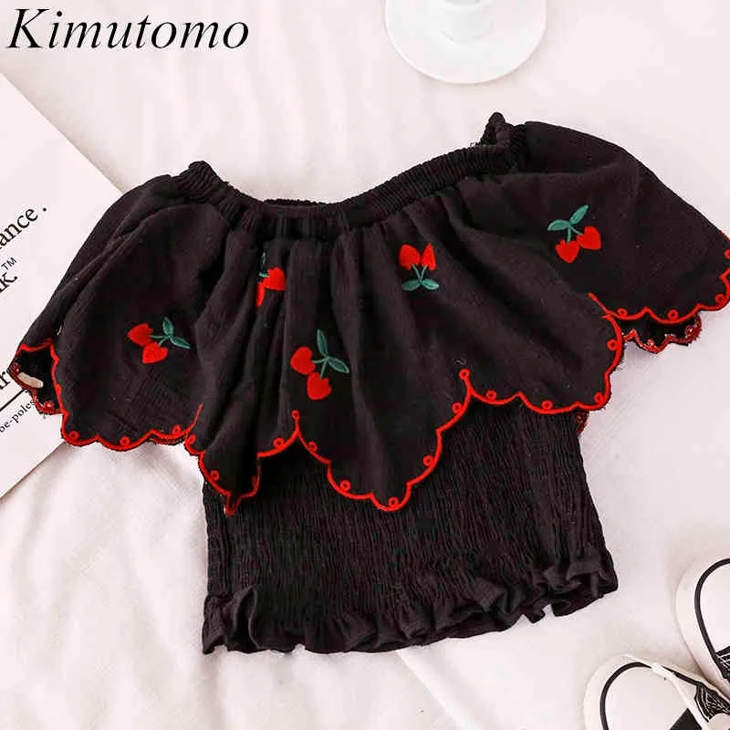 Kimutomo Doce Bordado Cereja Bloqueio Curto Meninas Slash Pescoço Off Ombro Ruffles Camisa de Manga Curta Verão Coreia Chique 210521