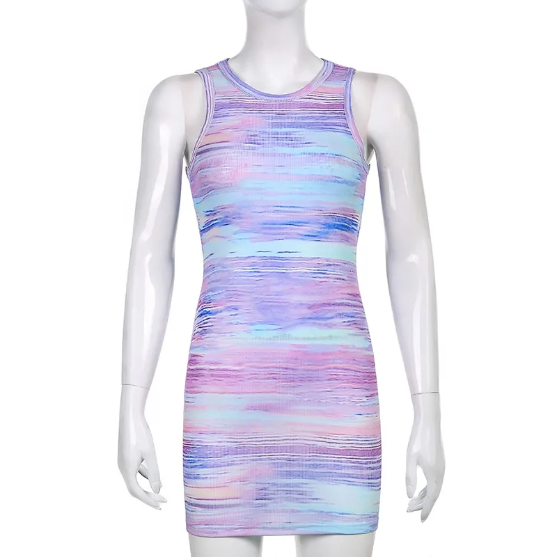 Tie Dye Printed Y2k Casual Summer Women's Dress Vintage Bodycon Sleeveless Short Party Light Dresses Mini Beach Sundress 210510