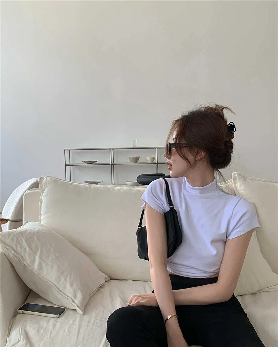 T-shirt projeto fêmea irregular sem encosto curto magro menina sexy branco camisa de mangas curtas 210529