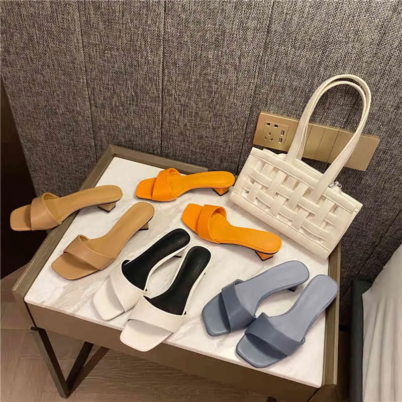 Mode Frauen Hausschuhe Open Toe Slides Square Low Heels Orange/Weiß/Khaki/Blau Damen Casual Slides Party pumpen Sommer Sandalen 210513