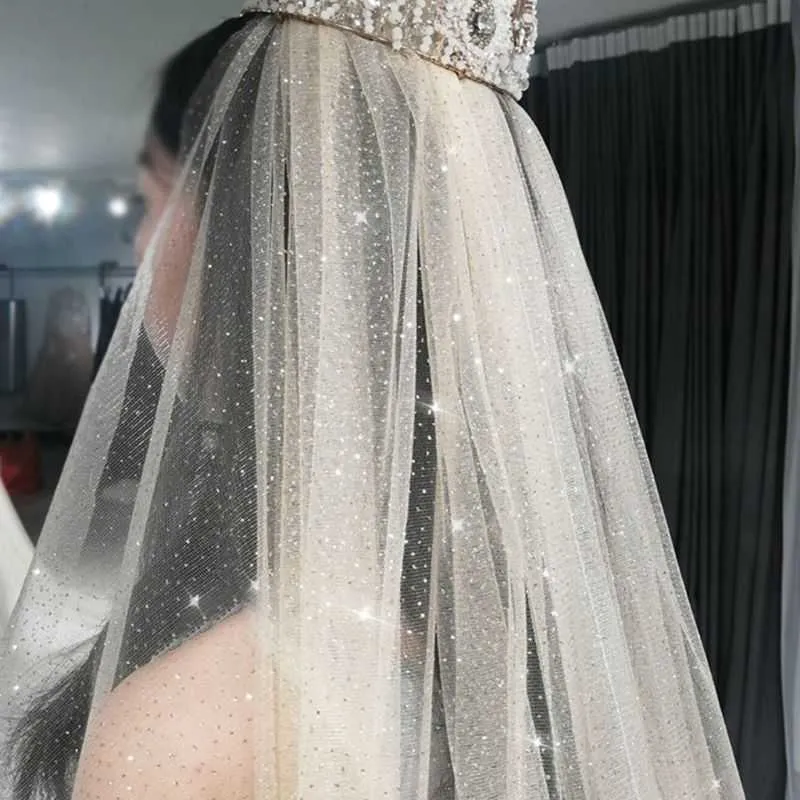 Kvinnor Mesh Ultra Long Trailing Cathedral Wedding Veil Romantic Luxury Shimmer Starry Sky Sequins Hot Stamping Bridal X0726