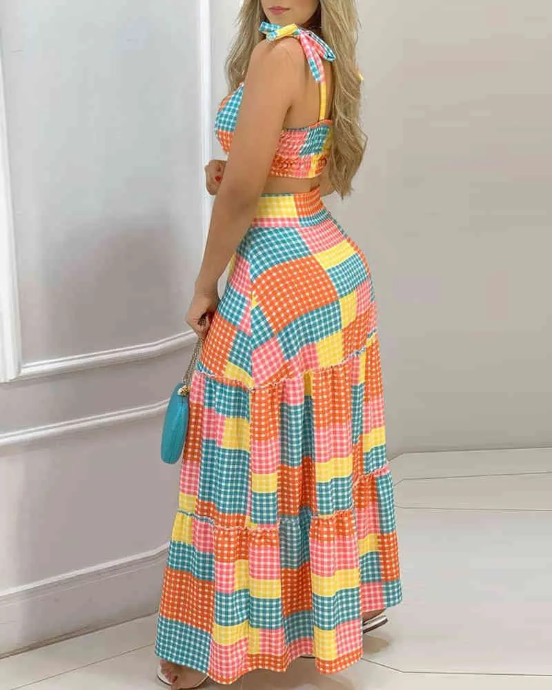 Verano mujer 2 uds Crop Top Maxi falda conjunto nuevo Sexy Femme Plaid Colorblock atado detalle Top colorido estampado inferior trajes 210415