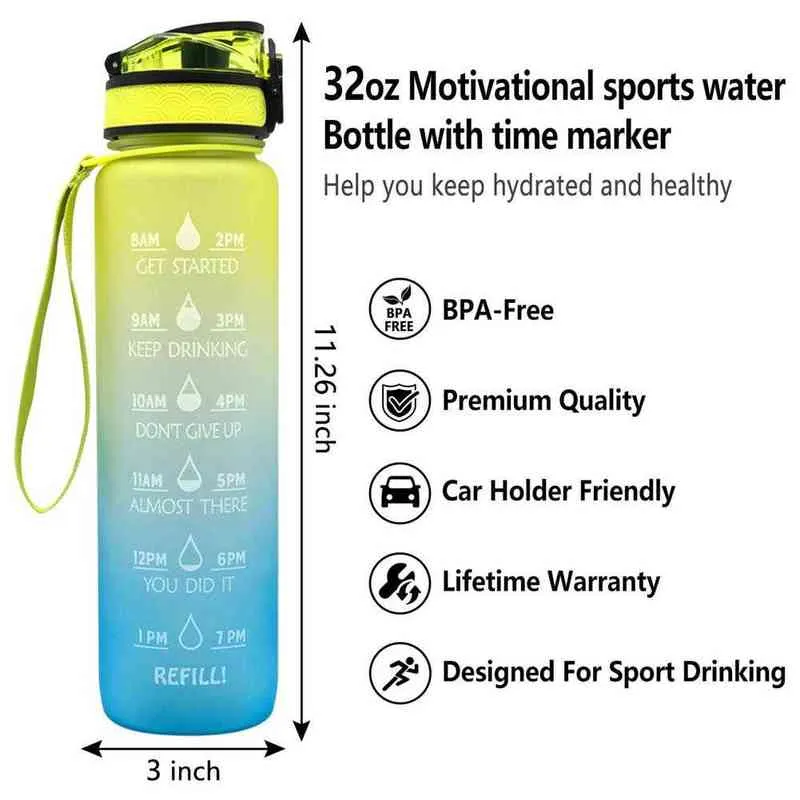 1L 4 kleuren Motiverende Waterfles met Tijd Marker String Leakproof Canteen Waterkan voor Fitness Gym en Outdoor Sport Y1223