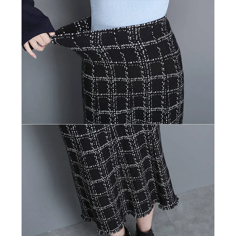 Vintage Plus Size Schwarz Plaid Tweed Rock Frauen Midi Lange Hohe Taille A-Linie Gestrickte Büro Dame Slim Business Arbeitskleidung 210421