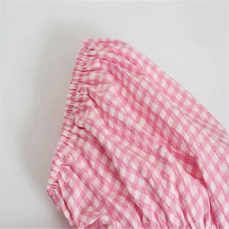 Women Pink Gingham Summer Dress Za Short Puff Sleeve Smocked Plaid Mini Dresses Woman Chic Side Zip Vintage Dress 210602
