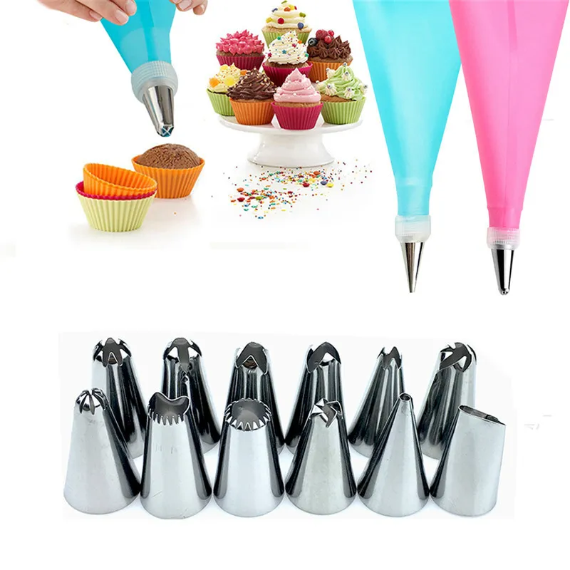 14 pièces/ensemble Silicone glaçage tuyauterie crème pâtisserie sac avec 12 pièces en acier inoxydable buse pâtisserie conseils convertisseur bricolage décoration de gâteau