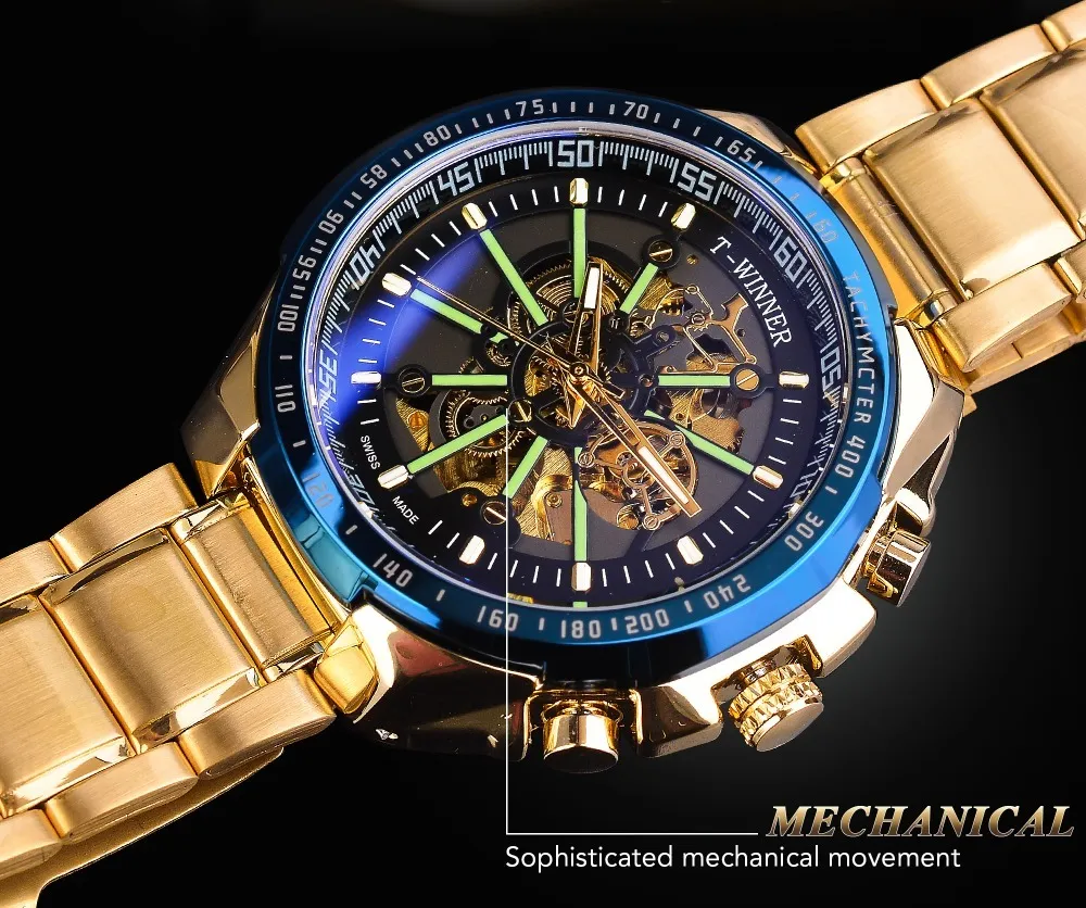 Vinnare Blue Light Glass New Fashion Mens Watches Black Golden Stainless Steel Waterproof Sport Automatisk klocka Lysande Clock304N