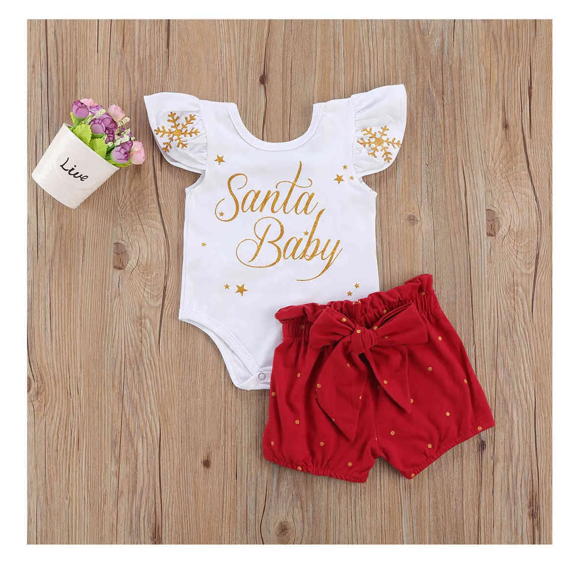 0-18m Boże Narodzenie Urodzony Niemowlę Baby Girls Ubrania Zestaw Ruffles Santa Romper Red Bow Spodenki Xmas Stroje 210515