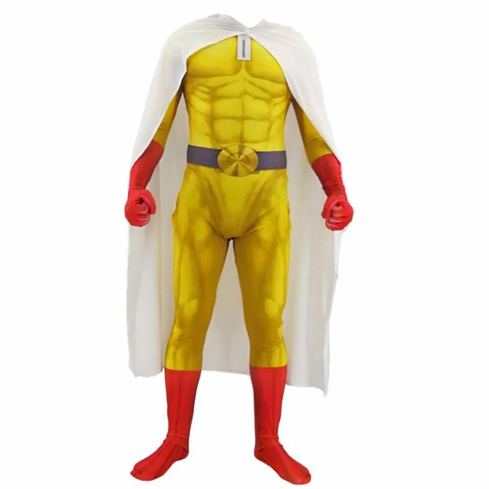 Anime One Punch Man Costumes Super-héros Saitama Cosplay Hommes Garçons Halloween Combinaison Tenues avec Cape Cape Ensemble Complet Enfants Adulte Q0910