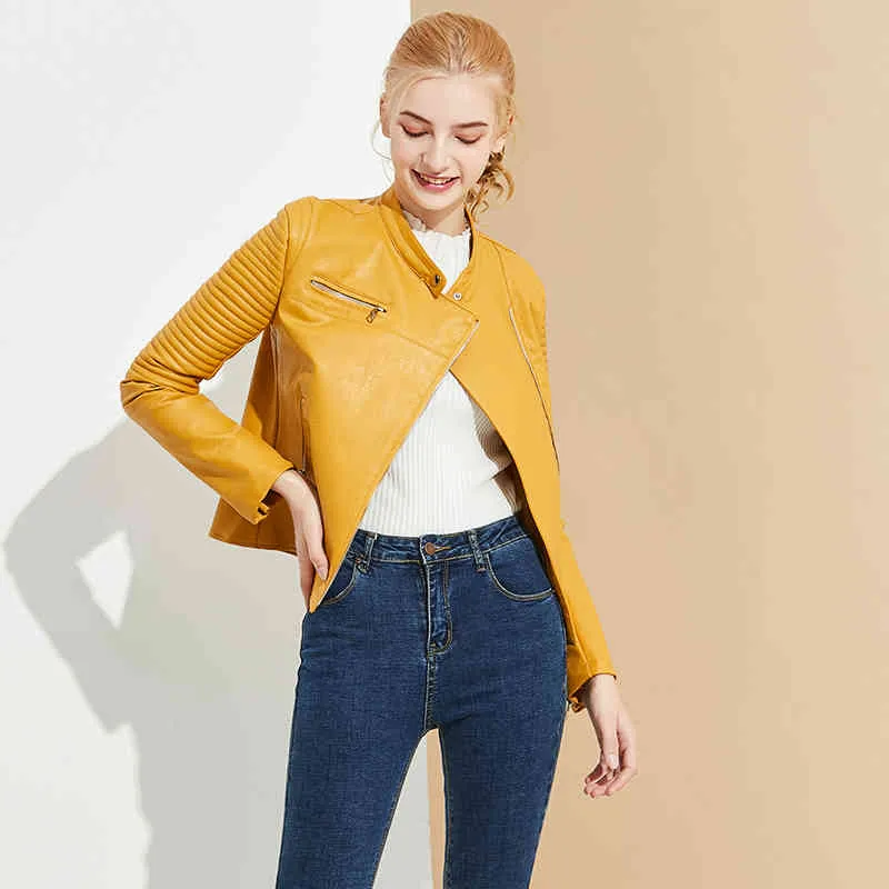 Femmes jaune Faux cuir veste printemps automne femme col rond fermeture éclair Pu vestes manteau moto motard 210430