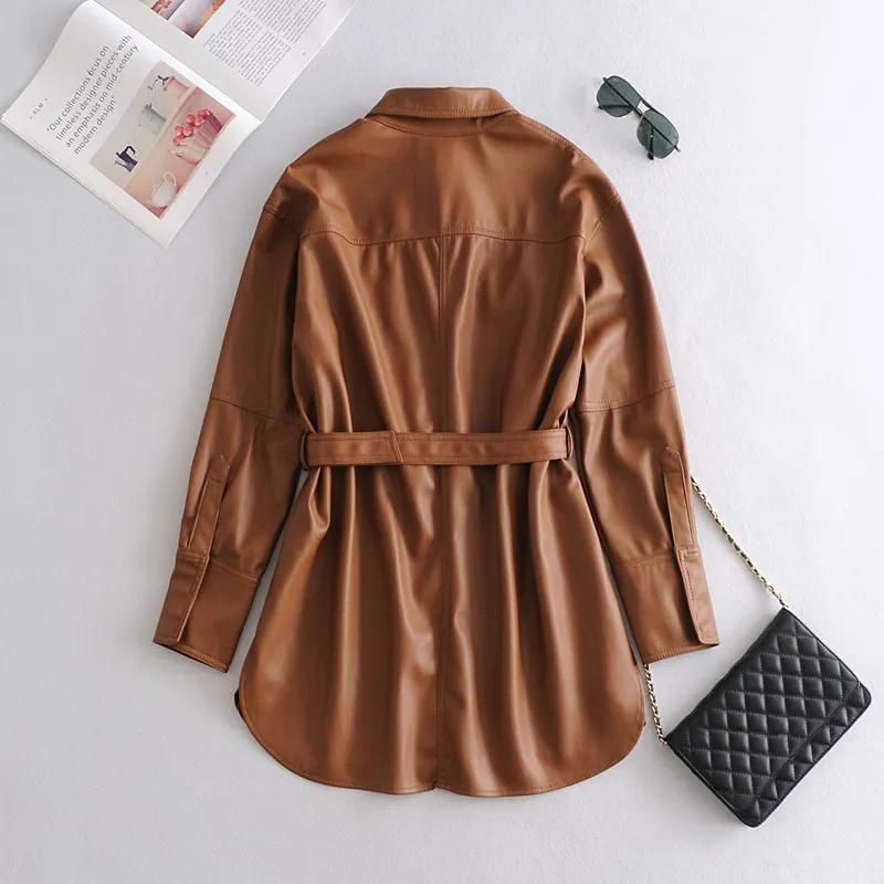 Brand Faux Soft Leather Jackets Coats Lady Khaki single breasted Pu Shirt Autumn Winter Casual Long Sleeve Tops Blouse