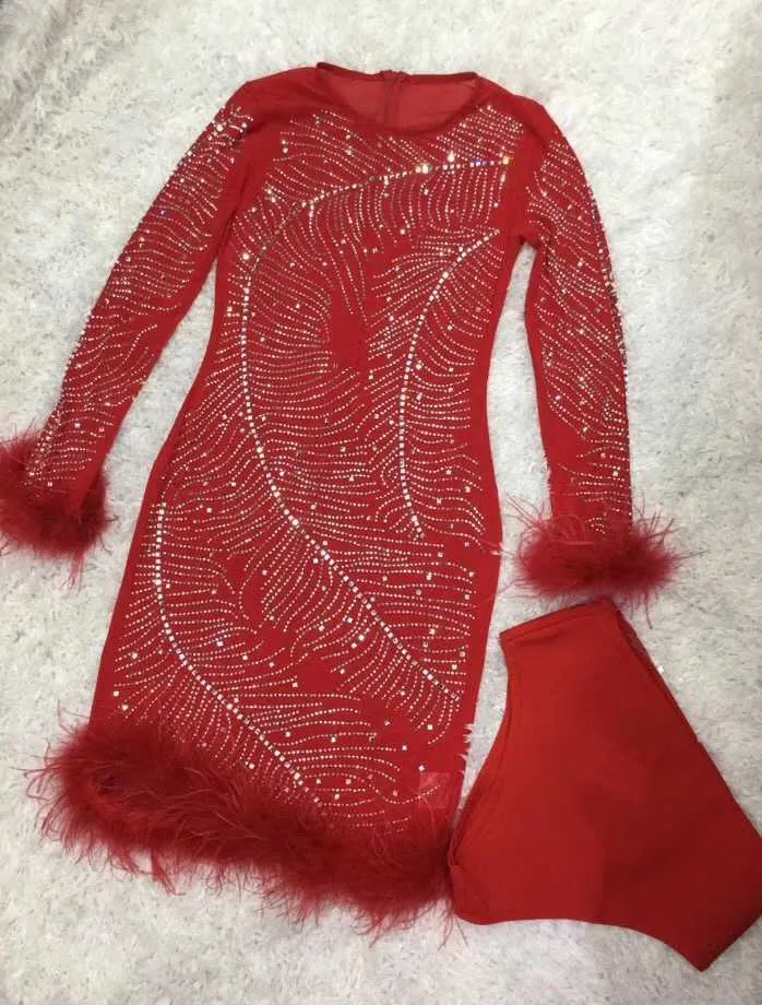 Donne sexy manica lunga inverno paillettes maglia perline piume abito designer sera di natale celebrità partito vestido 210527