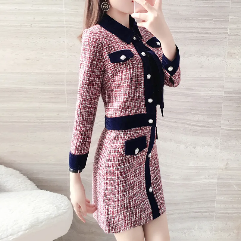 Winter Women Tweed Vintage Two Piece Skirt Suits Sets Buttons Coat And A-line Outfits Elegant Fashion 2 220302