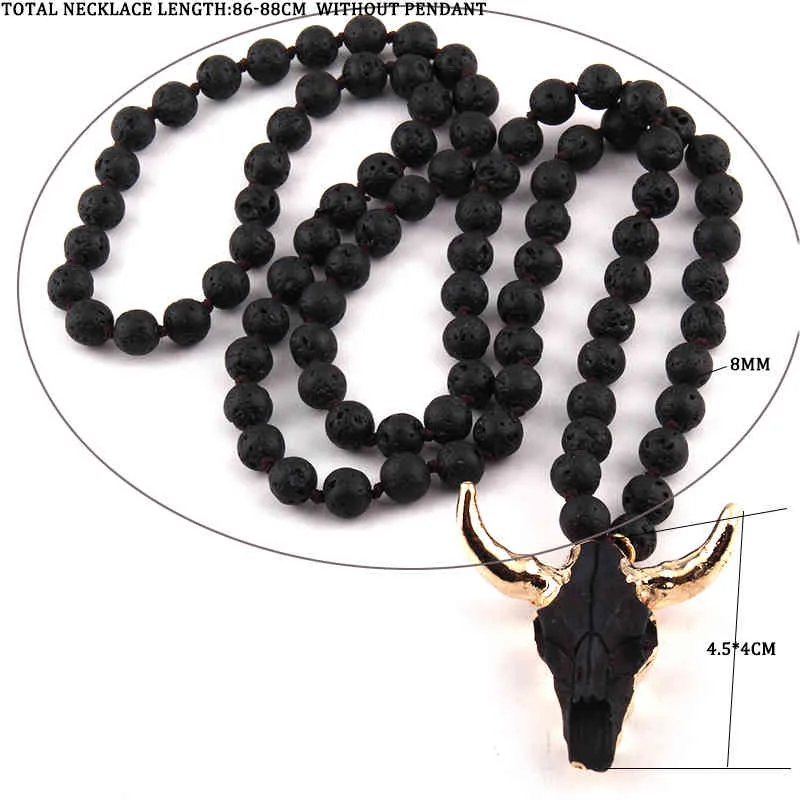 Mode bohème bijoux longues perles de pierre nouées 3 couleur corne pendentif pour femmes collier ethnique