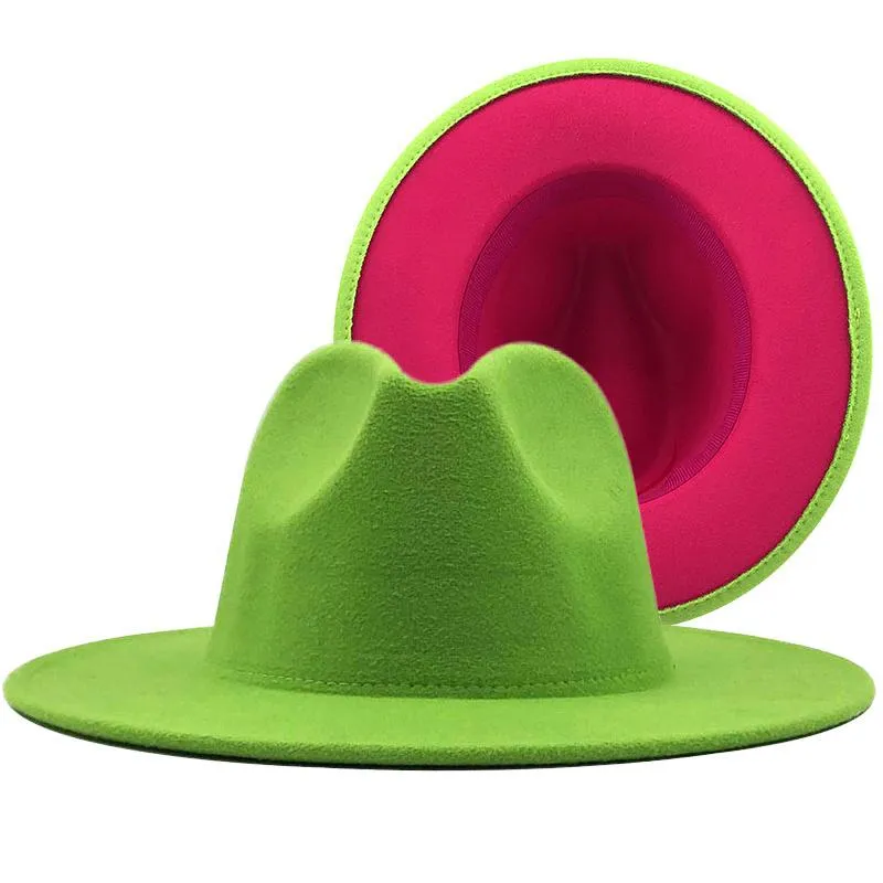 Chapeaux à large bord Rose unisexe extérieur intérieur vert laine feutre Jazz Fedora avec boucle de ceinture mince hommes femmes Panama Trilby casquette L XL264m