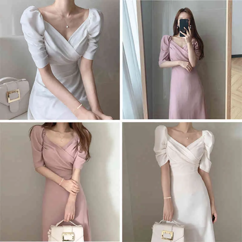 Sommer Koreanische Chic Frauen Solide Kleider Französisch Stil V-ausschnitt Hohe Taille Kurze Puff Sleeve Chiffon Weibliche Elagant Party 210423